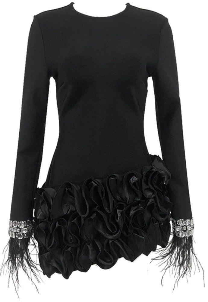 Crystal Feather Long Sleeve Ruffle Detail Dress Black