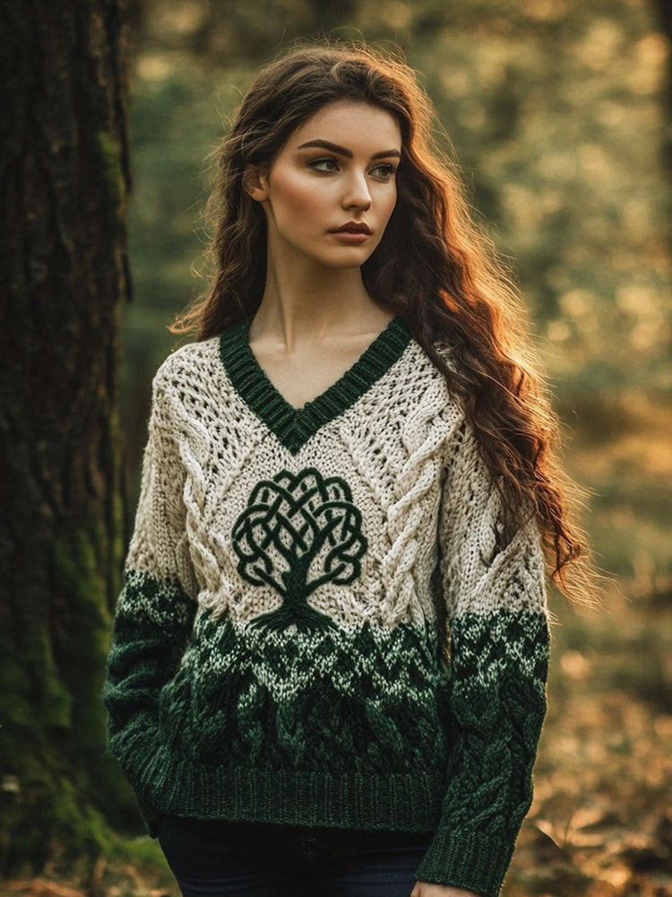 Women's Celtic Knotted Tree Of Life Jacquard V-neck Ombre Sweater