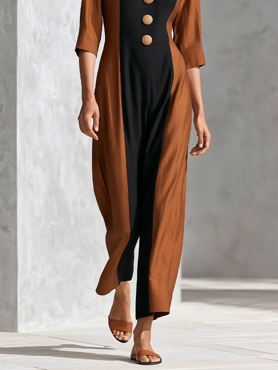 Women's Burnt Orange Black Color Block Jumpsuit With Mid Sleeve & Straight Ankle Cut, Minimalist Elegant Three Quarter Sleeve Ankle Jumpsuit MDZ1626G5LYL