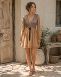 Western Boho V-Neck High-Low Mini Dress with Lace Trim