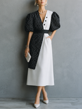 Women's Retro French Style Black White Cotton Blend Color Block V-Neck Puff Short Sleeve Waistband Midi Dress MDZ0334G2GMJ