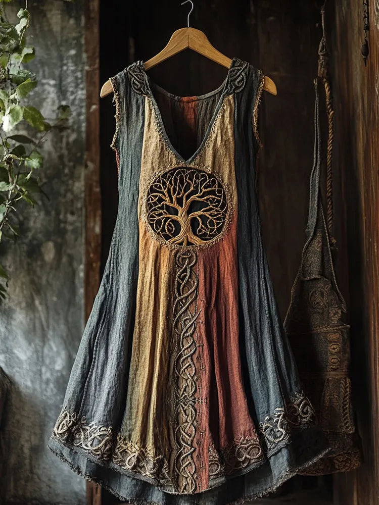 Tribal Viking Colorful Gradient Tree Of Life Lace Art Linen Tank Dress