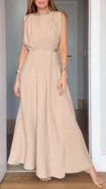 Beige Sleeveless Cutout Waist Tiered Maxi Dress