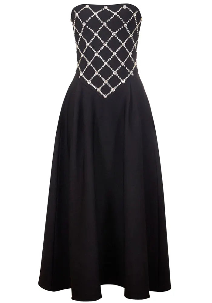 Strapless Crystal Design A Line Dress Black