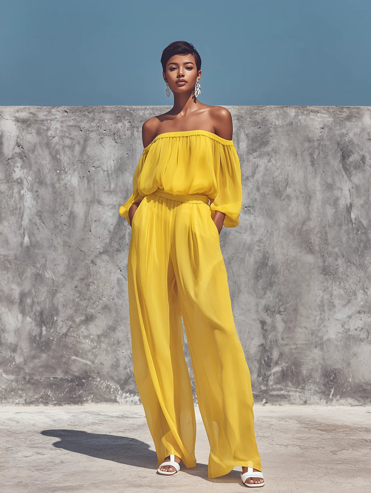 Women’s Bright Yellow Crinkled Chiffon Off Shoulder Bubble Three Quarter Sleeve Self Tie Waist Wide Leg Pants Two Piece Vacation Set MDZ0683G6YZJ