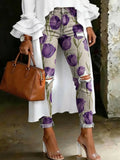 Women's Fashion Purple Tulip High-waisted Skinny Distressed Casual Jeans With Artistic Print