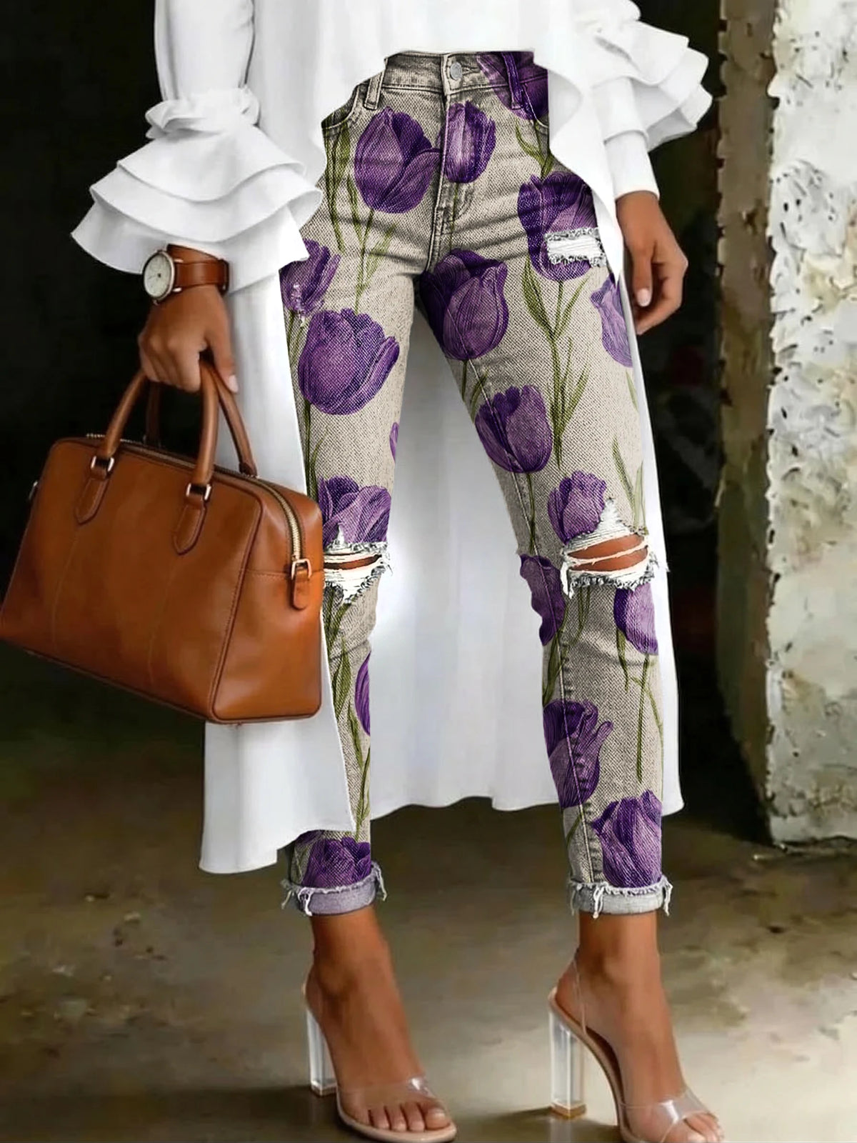 Women's Fashion Purple Tulip High-waisted Skinny Distressed Casual Jeans With Artistic Print