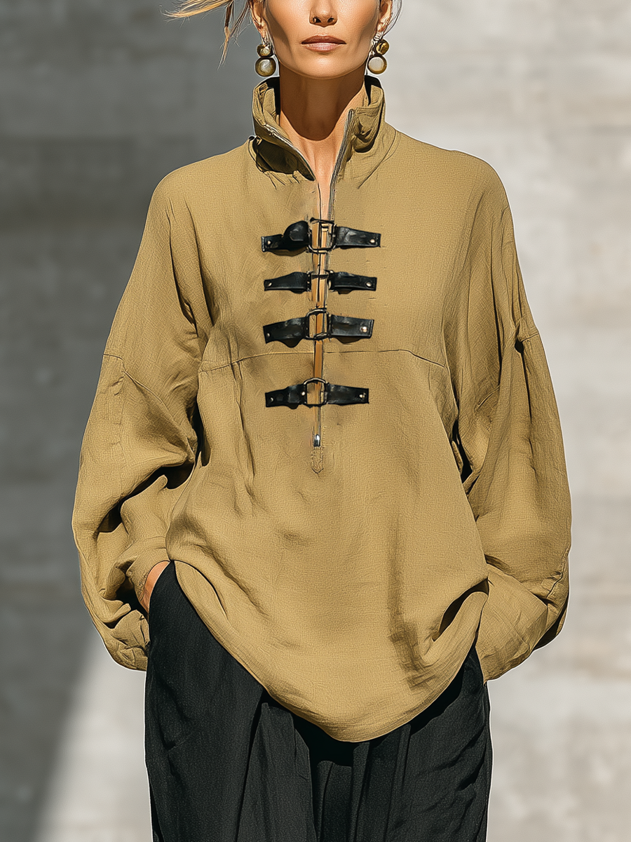 Women's Khaki Cotton-Linen Blend Stand Collar Half Zip Leather Buckle Strap Long Sleeve Loose Top Black Relaxed Wide Leg Pocket Pants Two Piece Set MDZ2775G5YZJ