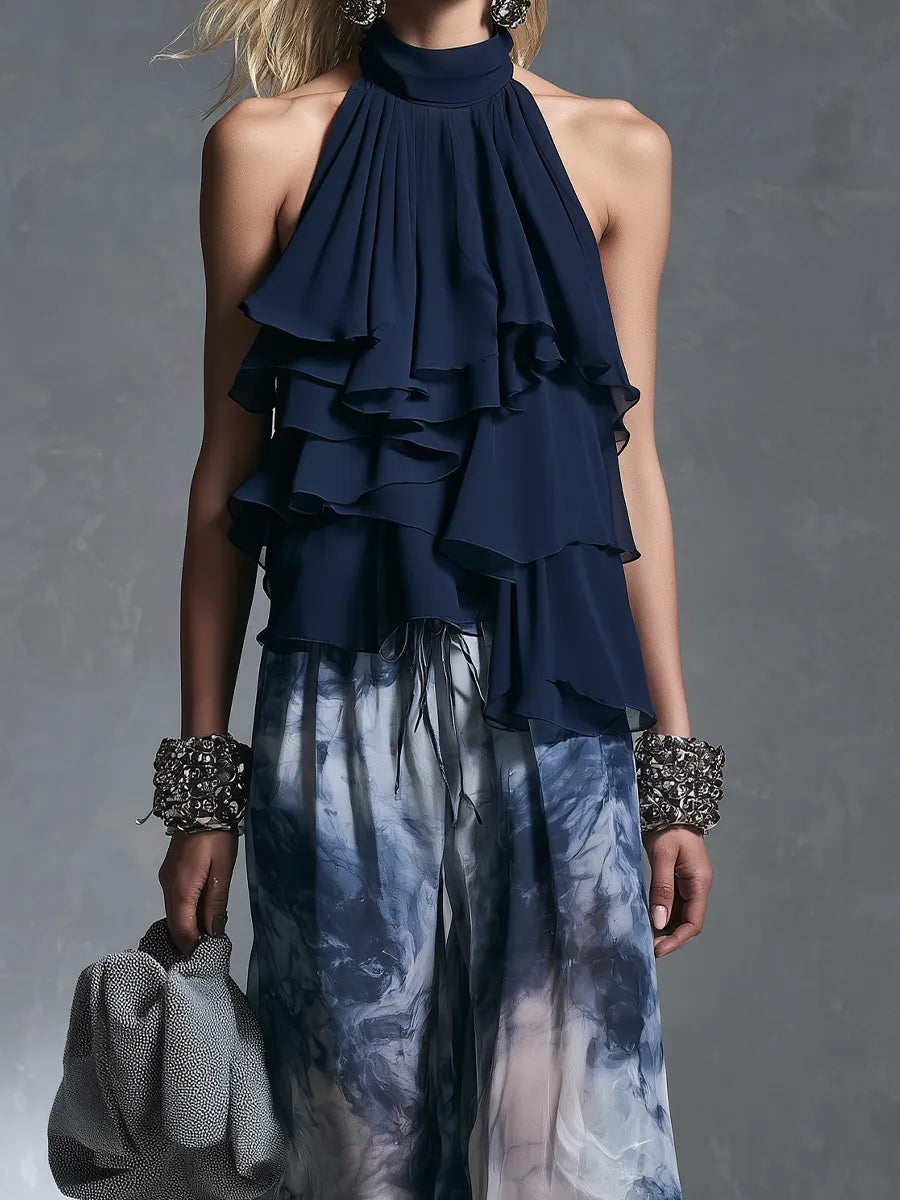 Resort Luxe Halter Ruffle Top & Watercolor Palazzo Pants Set