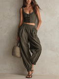 Women's Casual Grey-green Woven Sleeveless Top Paired With Trousers. MDZ2537F2LXY