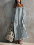 Women's Casual Light Grey-blue Cotton-linen Maxi Dress With Spaghetti Straps, Off-shoulder Design, And Long Sleeves MDZ0266G4LXY
