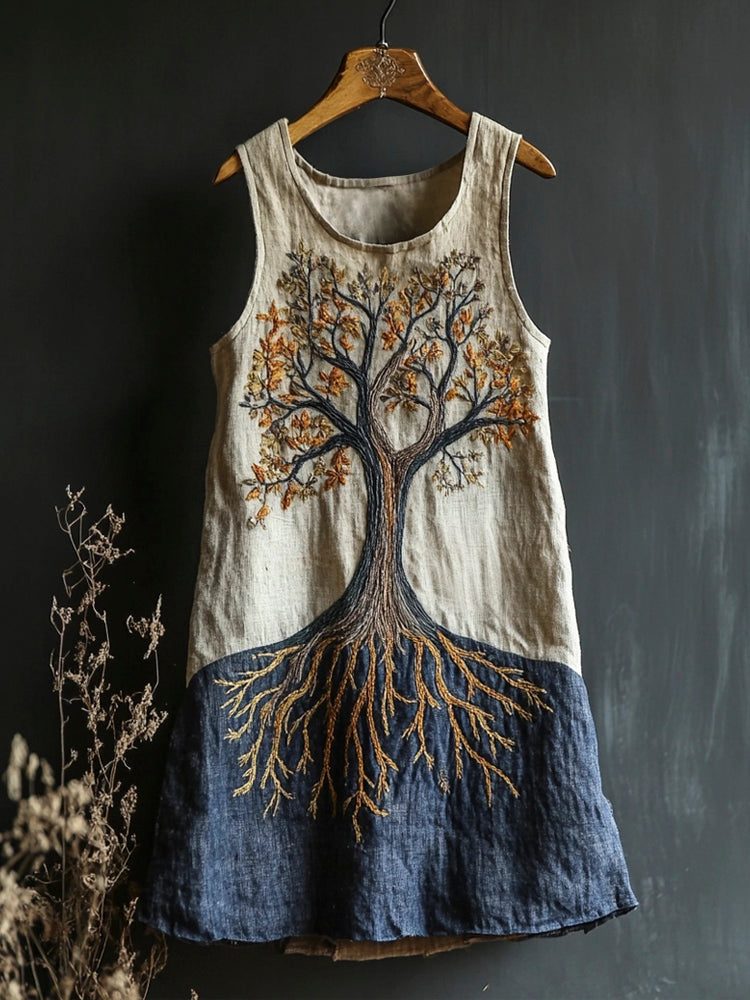 Tree Of Life Embroidered Vintage Art Women's Linen Vest Dress
