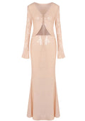 Long Sleeve Sequin Two Piece Maxi Dress Peach