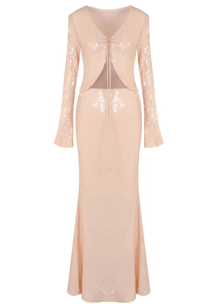 Long Sleeve Sequin Two Piece Maxi Dress Peach