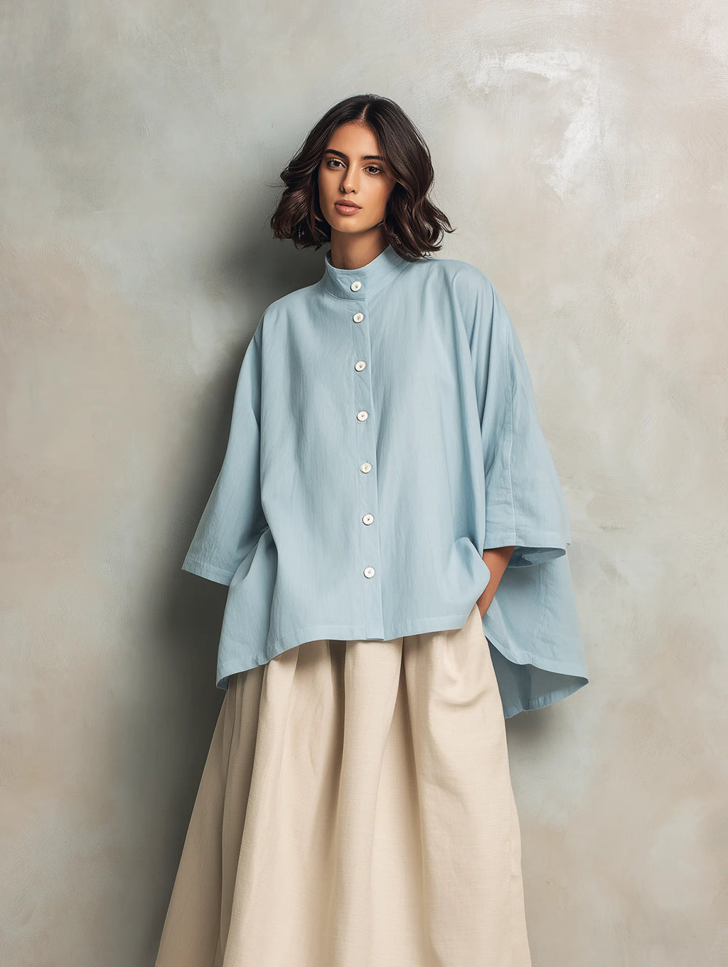 Women's Casual Light Blue Cotton-linen Long-sleeve Shirt Paired With A Khaki Cotton-linen Skirt MDZ2615F7LXY