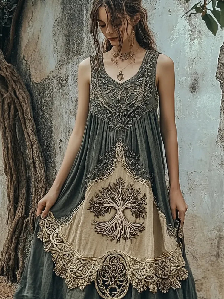 Vintage Tribal Viking Tree Of Life Celtic Knot Linen Blend Tank Midi Dress