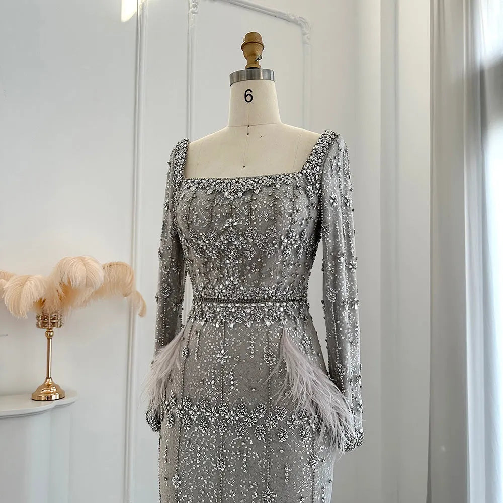 Dreamy Vow Bling Gray Mermaid Arabic Evening Dress with Cape Luxury Feather Dubai Formal Dresses for Women Wedding Party 279