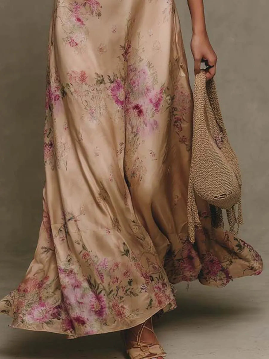 Vintage Floral Satin Spaghetti Strap Ruffle Hem Maxi Dress