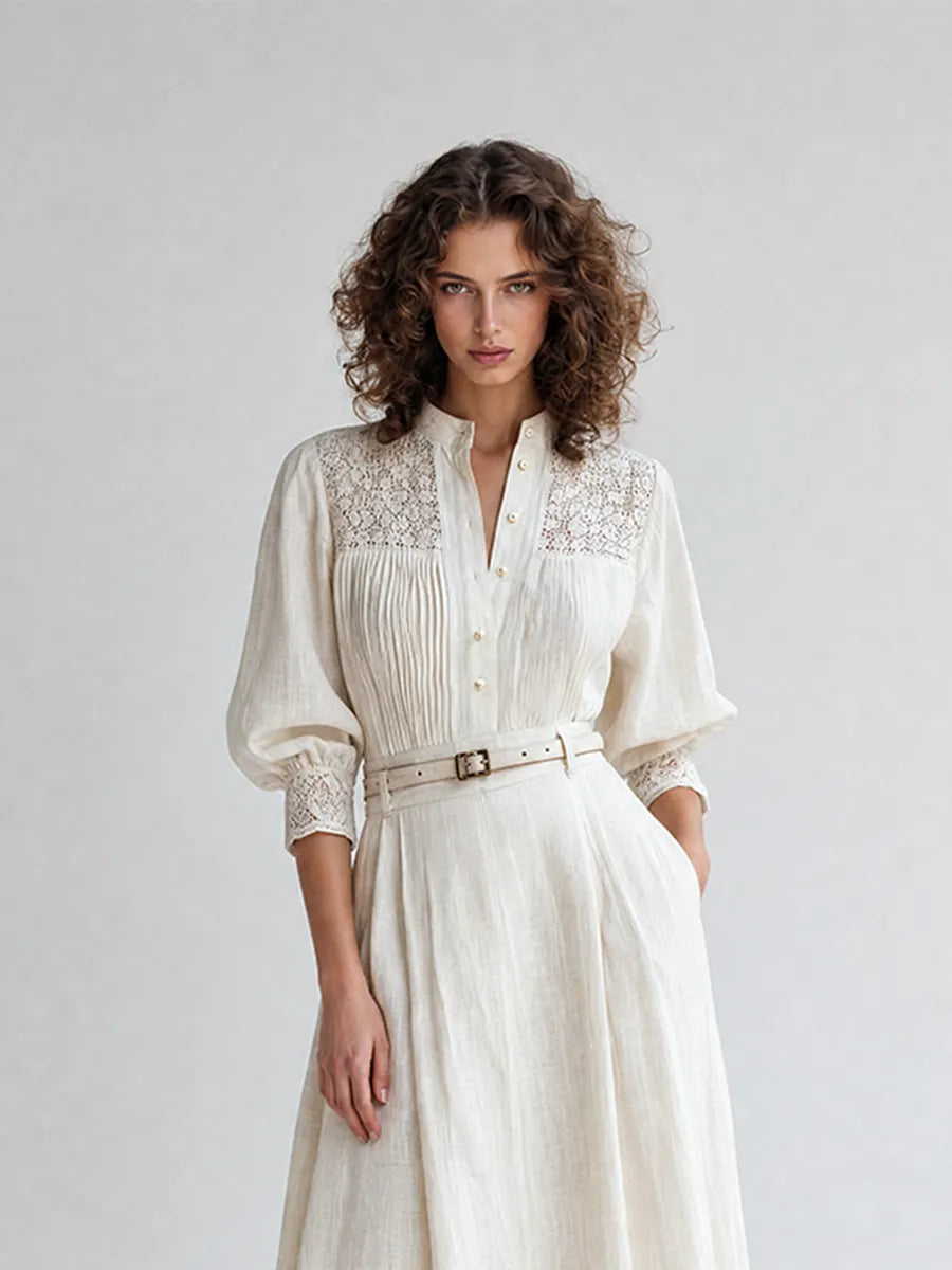 Women's Elegant Vintage White Linen Lace-Trim Stand-Collar Three-Quarter Puff-Sleeve Midi Dress MDZ2102G9CMX