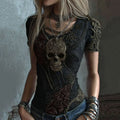 Women's Vintage Skull And Rose Art V-neck Short Sleeve Top