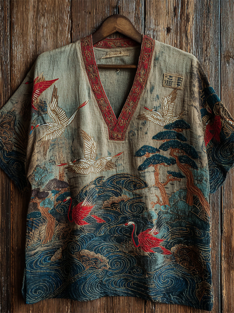 Japanese Colorful Cranes & Pine Trees Sea Waves Linen Shirt