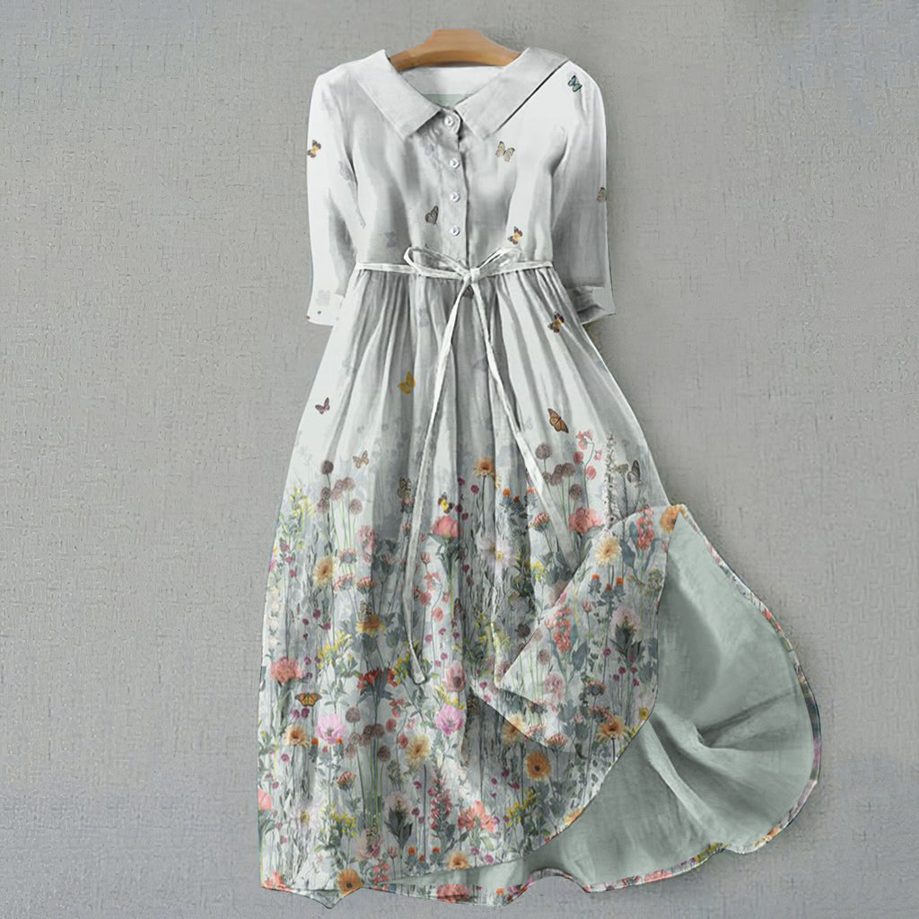 Retro Flowers And Butterflies Graphics Print Lace-Up Dress