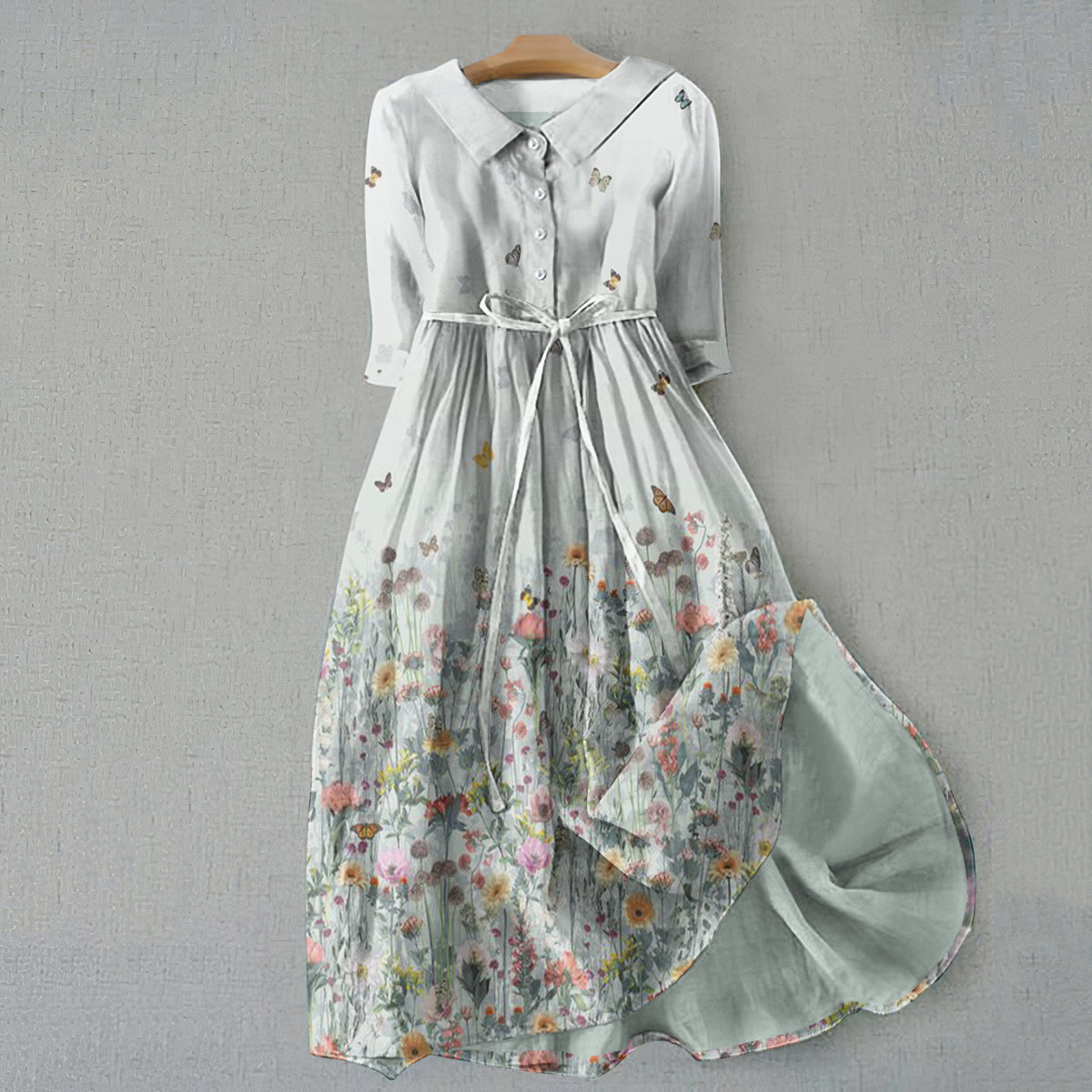 Retro Flowers And Butterflies Graphics Print Lace-Up Dress