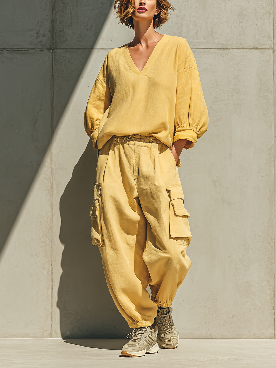 Women's Lemon Yellow Cotton-linen blend V Neck Balloon Three Quarter Sleeve Loose Top Elastic Waist Multi Pocket Jogger Cargo Pant Two Piece Set MDZ1732G1YZJ
