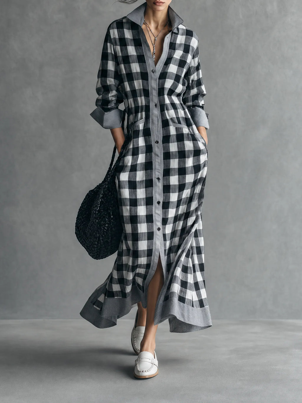 Women's Minimalist Plaid Color-Block Single-Breasted Long-Sleeve Maxi Dress MDZ2021G1WY