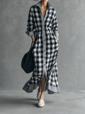 Women's Minimalist Plaid Color-Block Single-Breasted Long-Sleeve Maxi Dress MDZ2021G1WY