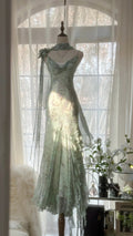 Mint Green Gorgeous Exquisite Beaded Long Chiffon Fairy Ball Gown Evening Dress Wedding Party Dress Prom Dress Graduation Date Dress 3989