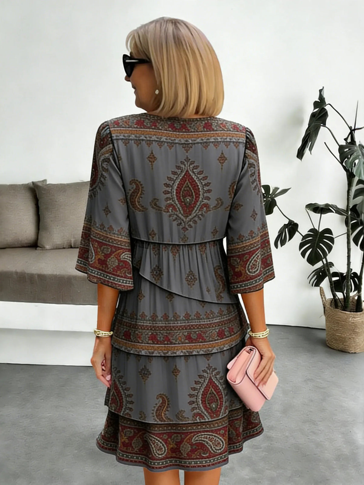 Chiffon Vacation Prints Color Round Neck Cake Skirt Splicing Dress Mid-length