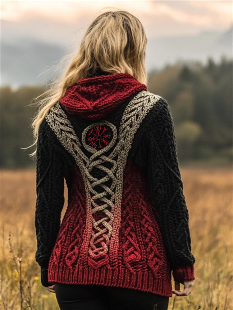 Viking Vegvisir Embroidered Celtic Gradient Hooded Cardigan