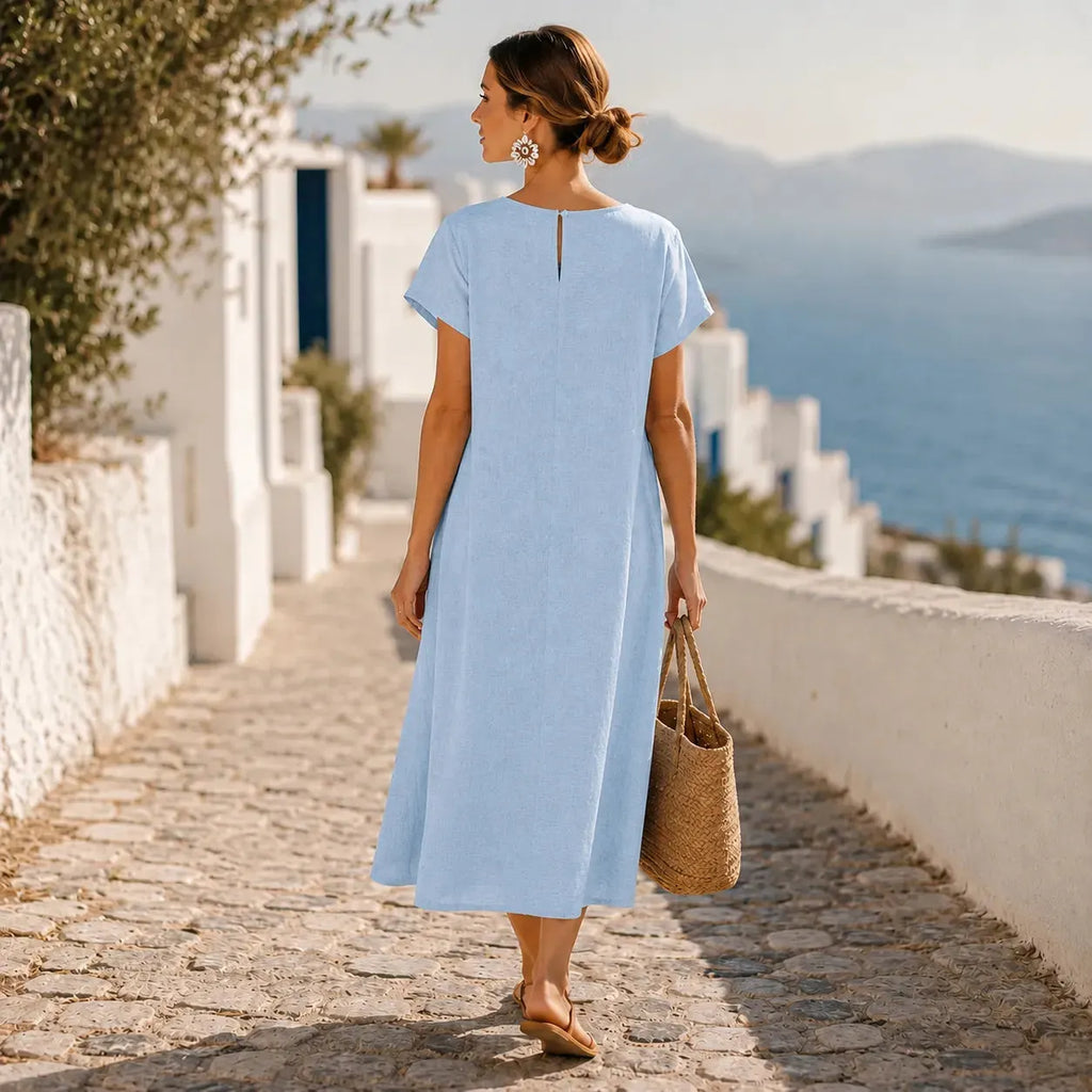 Sumlor – Asymmetric Button Midi Dress with Pockets for Summer