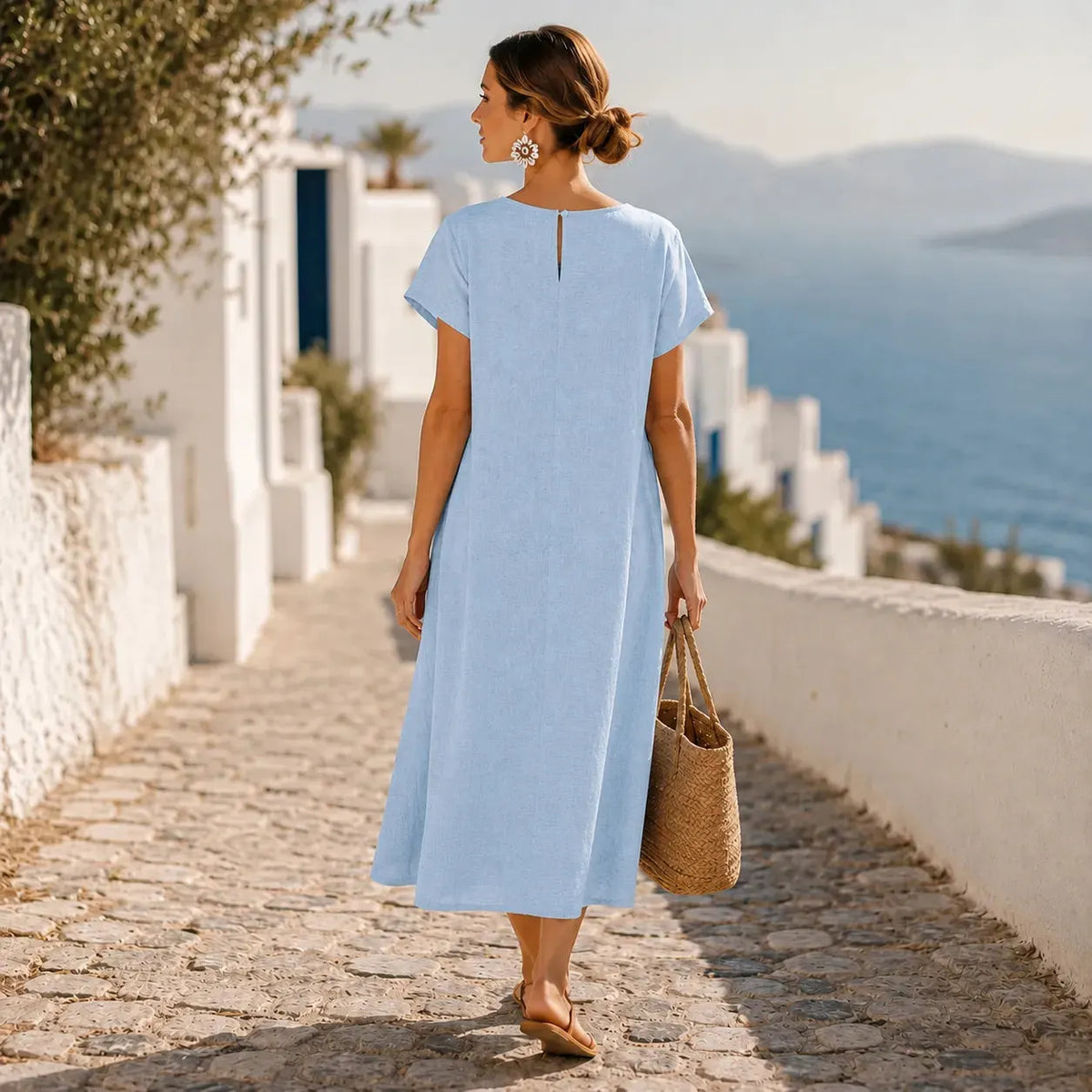 Sumlor – Asymmetric Button Midi Dress with Pockets for Summer