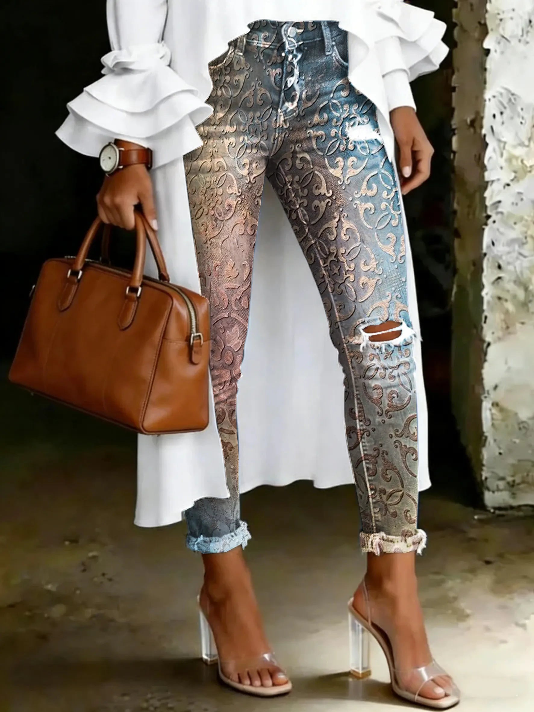 Women's Vintage Ethnic Totem Print Casual High-waisted Ripped Skinny Jeans