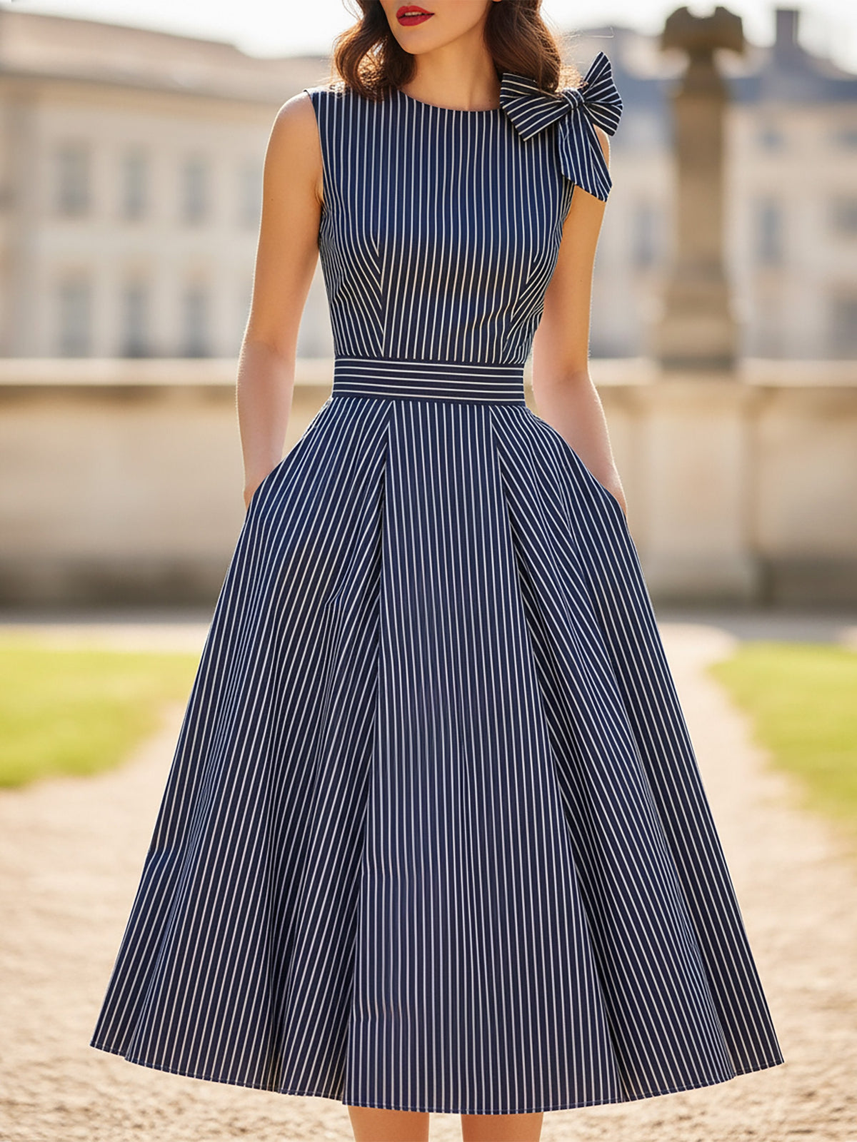 Midi Cotton Dress, Sleeveless, Round Neck, Striped, Bow, French Vintage, Blue