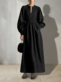 Women's Black Cotton Poplin Maxi Dress With Smocked Elastic Bodice & Puff Balloon Long Sleeves, Minimalist Elegant Side Pocket Flowy Maxi Dress MDZ0616G1LYL