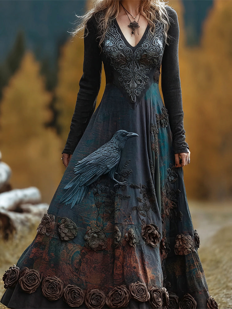 Halloween Crow & Rose Witch Art Women's V-neck Long-sleeve Maxi Dress