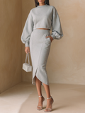 Women's Solid Light Grey Cotton Blend Co-Ord Set With Crew Neck Cropped Pullover & Pocket Detail Asymmetric Hem Skirt, Minimalist Daily Two Piece Outfit MDZ2704G9LYL