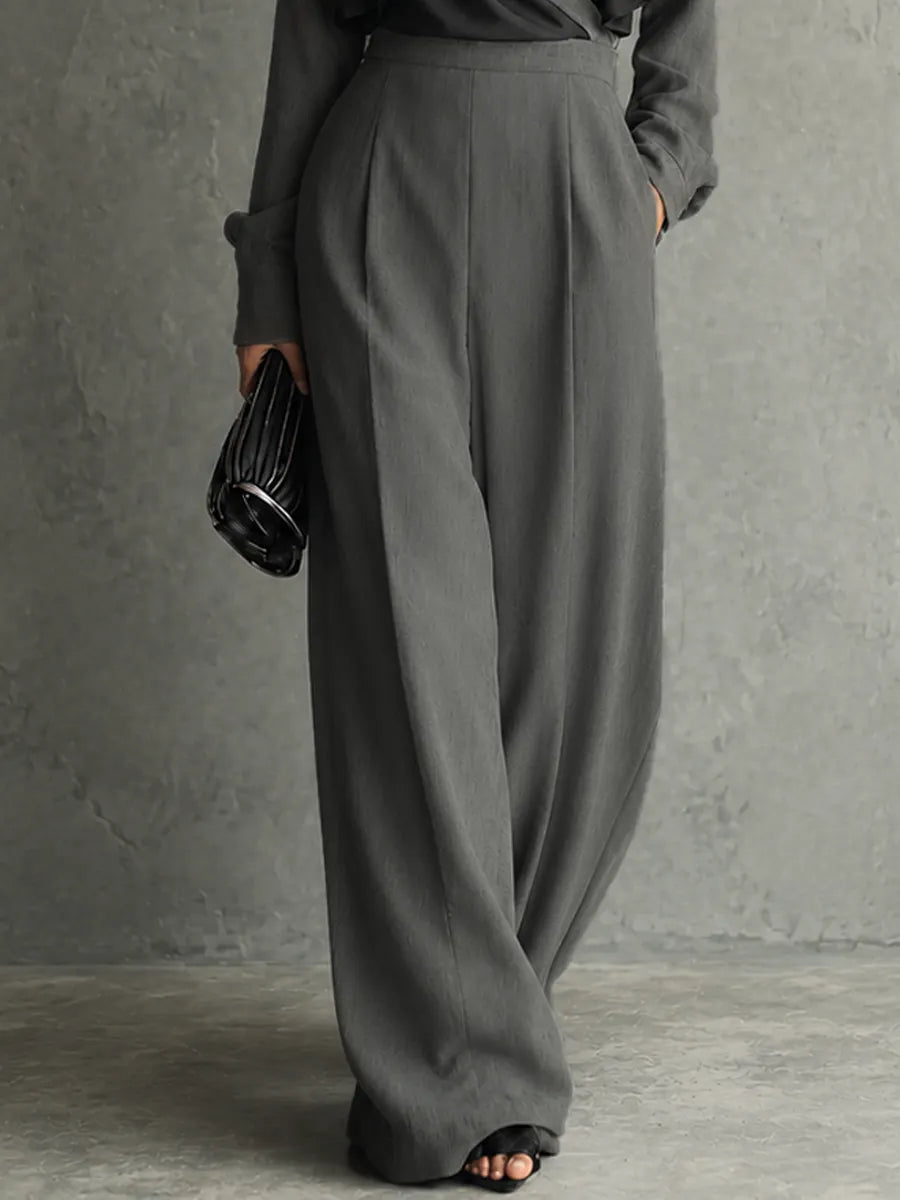 Women's Elegant Charcoal Gray Cotton Blend Chiffon Wrap Ruffle Sleeve Wide-Leg Jumpsuit MDZ2018G9GMJ