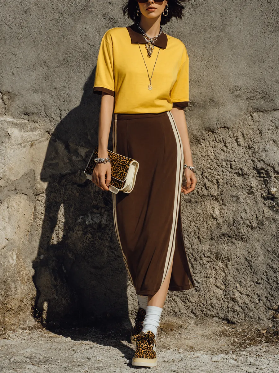 Women's Retro Casual Yellow Brown Cotton Blend Contrast Collar Side-Stripe Midi Skirt Set MDZ2005G7GMJ