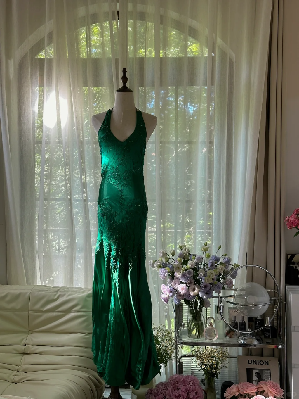 Green Gorgeous Shiny Fashion Elegant Delicate Lace Beading Long Satin Chiffon Fairy Ball Gown Evening Dress Birthday/Wedding Guest/Holiday Party Dress Prom Dress Valentine's Day Date Dress 4037