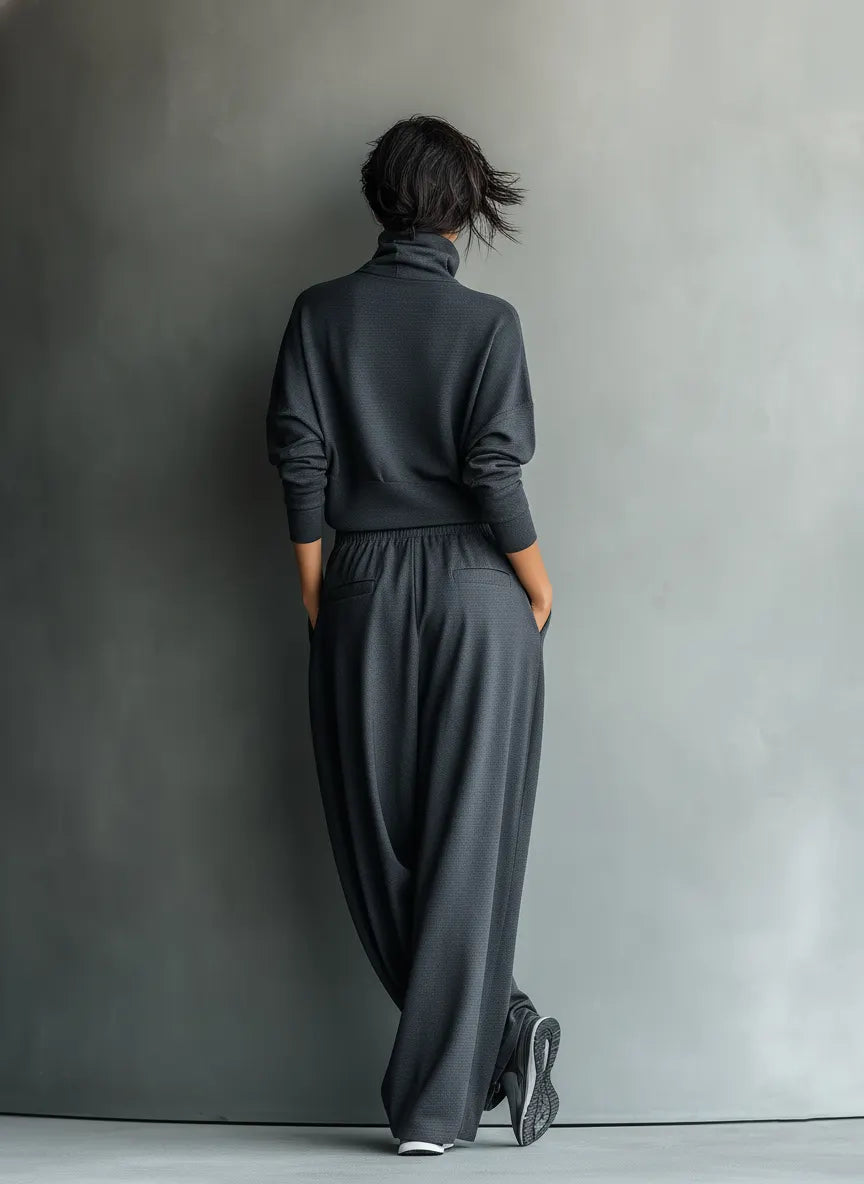 Women's Charcoal Knit Fabric Turtleneck Oversized Top & Wide-Leg Pants Set MDA2435L7T
