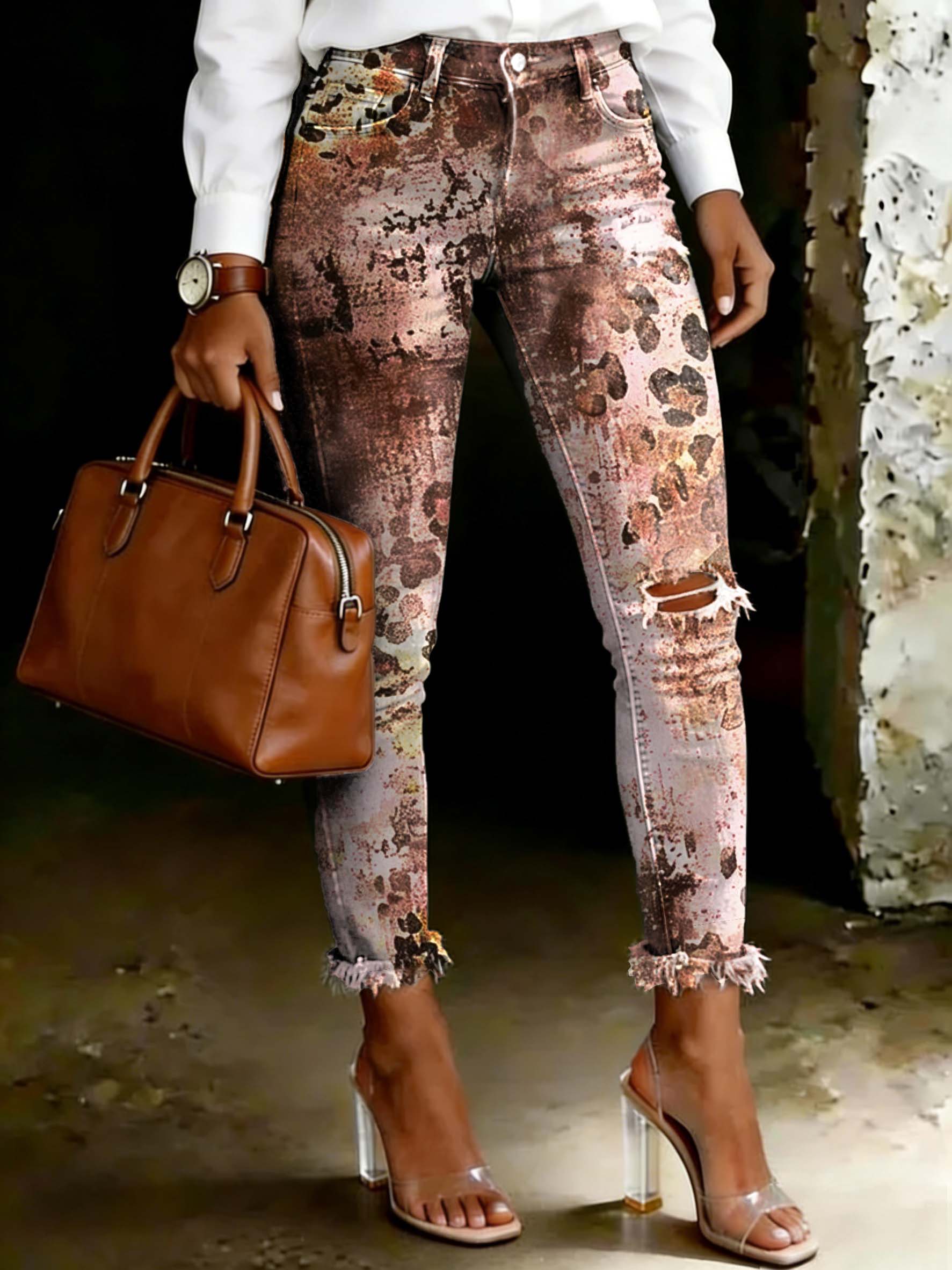 Women's Vintage Pink Gradient Leopard Print Art Ripped Skinny Jeans