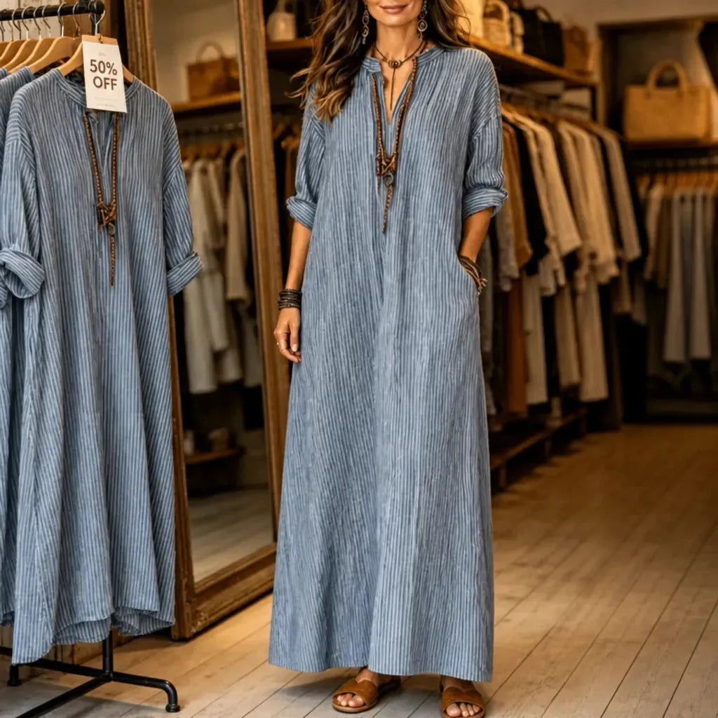 Vestara – Boho Striped V-Neck Maxi Dress with Pockets, Long Sleeves