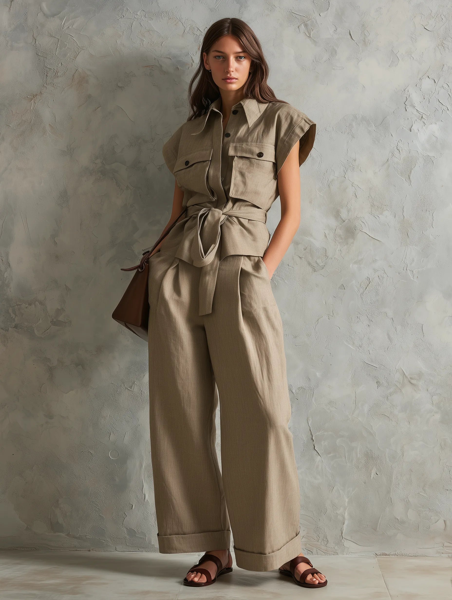 Women's Casual Khaki Cotton-linen Short-sleeved Top And Trousers Set MDZ0788G9LXY
