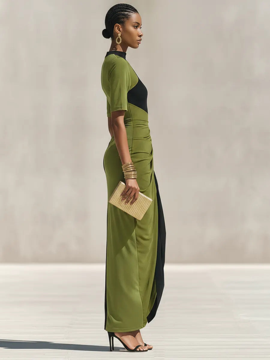 Women's Black & Olive Green Color-Block Jersey Maxi Dress With High Neck & Waist Ruched Detail, Elegant Bodycon Evening Dress MDZ0948F9LYL