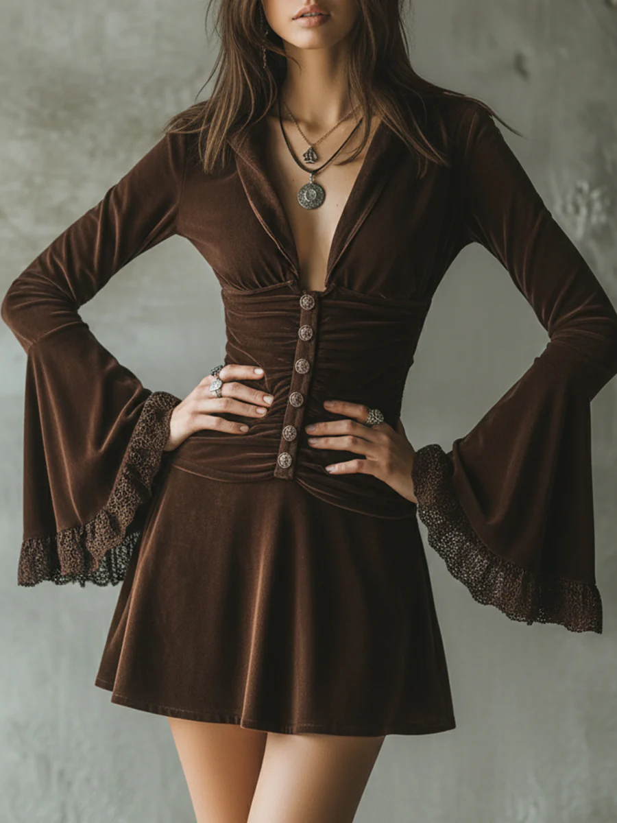 Dark Brown Velvet Button-down Lace Bell Sleeve Pleated Mini Dress
