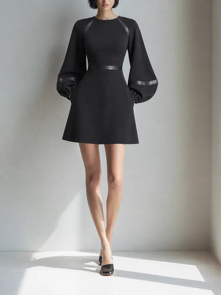 Women's Elegant Black Ponte Knit Round Neck Balloon Sleeve Satin Trim Fit And Flare Mini Dress MDZ1579G1ZSQ